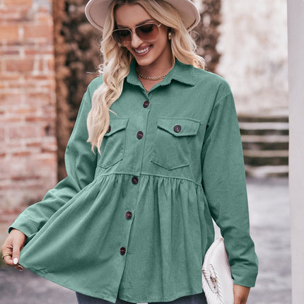 Women's Corduroy Peplum Shacket Jacket Long Sleeve Button Down Babydoll Shirts Tops