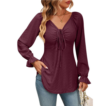 Women's Tops Casual Top V Neck Drawstring Tunic Sexy Long Sleeve Solid Color T Shirt Top