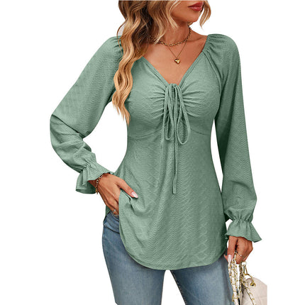 Women's Tops Casual Top V Neck Drawstring Tunic Sexy Long Sleeve Solid Color T Shirt Top