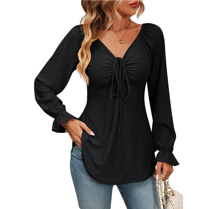 Women's Tops Casual Top V Neck Drawstring Tunic Sexy Long Sleeve Solid Color T Shirt Top