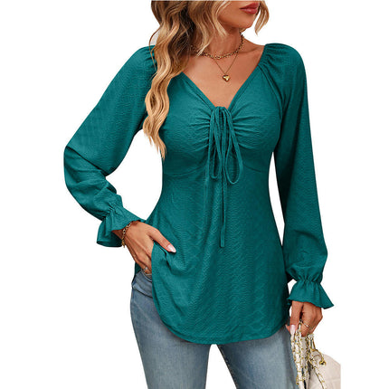 Women's Tops Casual Top V Neck Drawstring Tunic Sexy Long Sleeve Solid Color T Shirt Top