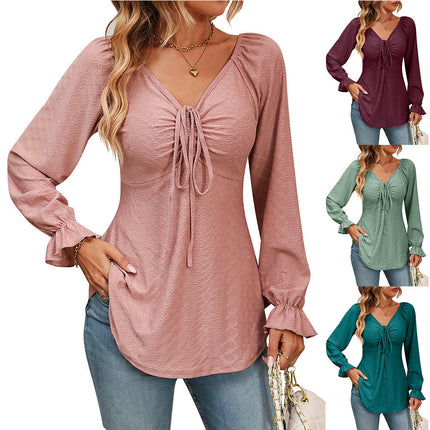 Women's Tops Casual Top V Neck Drawstring Tunic Sexy Long Sleeve Solid Color T Shirt Top