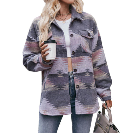 Women Aztec Print Shirt Jacket Long Sleeve Coat Button Down Shirt Tops