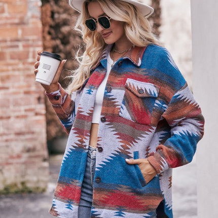 Women Aztec Print Shirt Jacket Long Sleeve Coat Button Down Shirt Tops