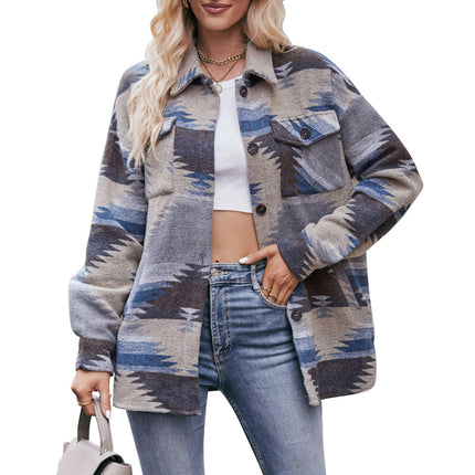 Women Aztec Print Shirt Jacket Long Sleeve Coat Button Down Shirt Tops