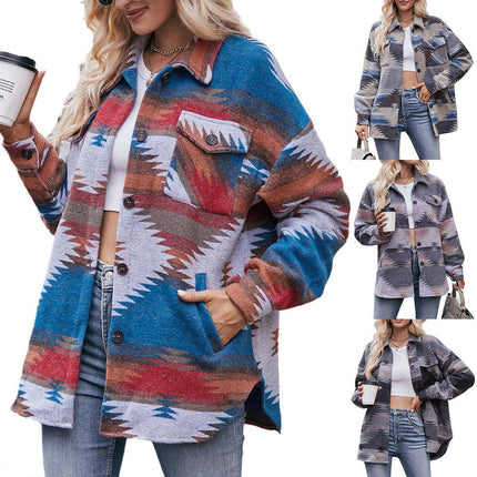 Women Aztec Print Shirt Jacket Long Sleeve Coat Button Down Shirt Tops