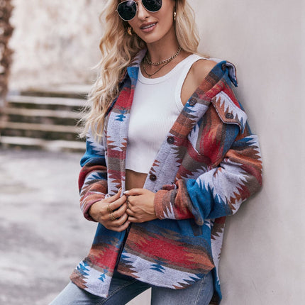 Women Aztec Print Shirt Jacket Long Sleeve Coat Button Down Shirt Tops