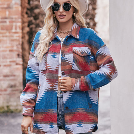 Women Aztec Print Shirt Jacket Long Sleeve Coat Button Down Shirt Tops