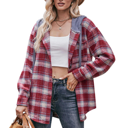 Women's Plaid Hoodie Long Sleeve Jacket Button Drawstring Casual Fall Shirts