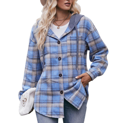 Women's Plaid Hoodie Long Sleeve Jacket Button Drawstring Casual Fall Shirts