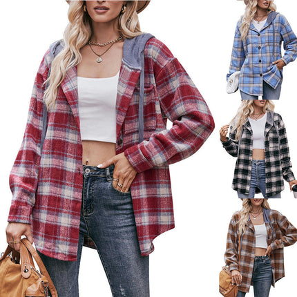 Women's Plaid Hoodie Long Sleeve Jacket Button Drawstring Casual Fall Shirts