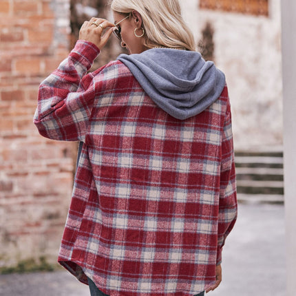 Women's Plaid Hoodie Long Sleeve Jacket Button Drawstring Casual Fall Shirts