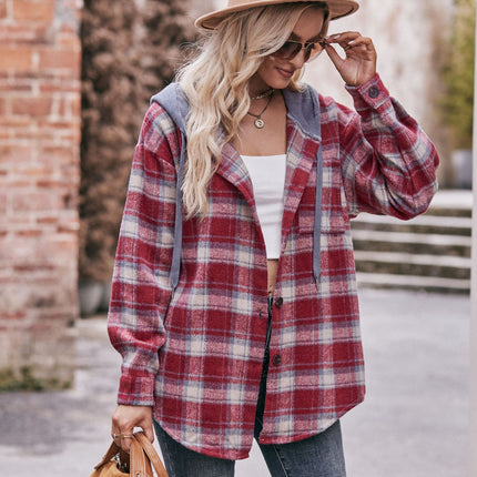 Women's Plaid Hoodie Long Sleeve Jacket Button Drawstring Casual Fall Shirts