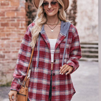 Women's Plaid Hoodie Long Sleeve Jacket Button Drawstring Casual Fall Shirts