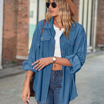 Women's Casual Loose Lantern Sleeve Corduroy Pocket Shirt Long Sleeve Button Coat