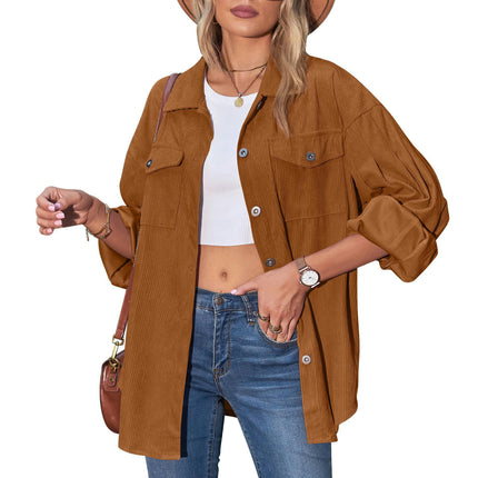 Women's Casual Loose Lantern Sleeve Corduroy Pocket Shirt Long Sleeve Button Coat