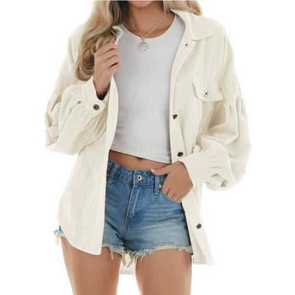 Women's Casual Loose Lantern Sleeve Corduroy Pocket Shirt Long Sleeve Button Coat