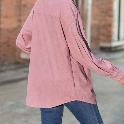 Women's Casual Loose Lantern Sleeve Corduroy Pocket Shirt Long Sleeve Button Coat