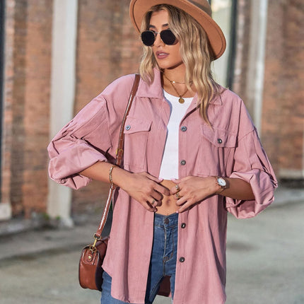 Women's Casual Loose Lantern Sleeve Corduroy Pocket Shirt Long Sleeve Button Coat