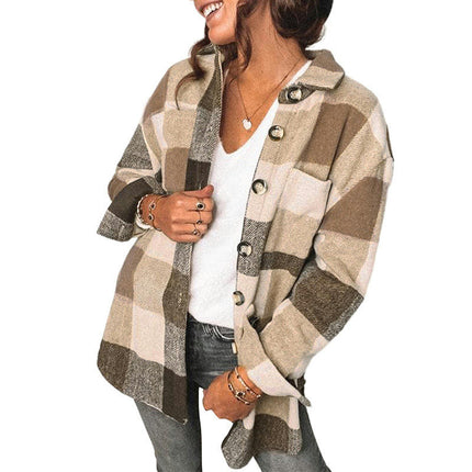 Women's Flannel Plaid Shirt Button Shacket Blouse Coats Jacket Clothes