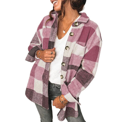 Women's Flannel Plaid Shirt Button Shacket Blouse Coats Jacket Clothes