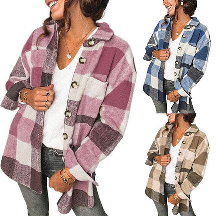 Women's Flannel Plaid Shirt Button Shacket Blouse Coats Jacket Clothes