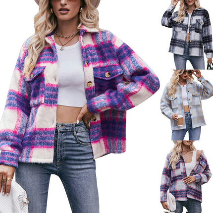 Women's Fashion Cropped Wool Blend Plaid Shacket Long Sleeve Button Down Jackets Coat