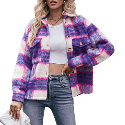 Women's Fashion Cropped Wool Blend Plaid Shacket Long Sleeve Button Down Jackets Coat