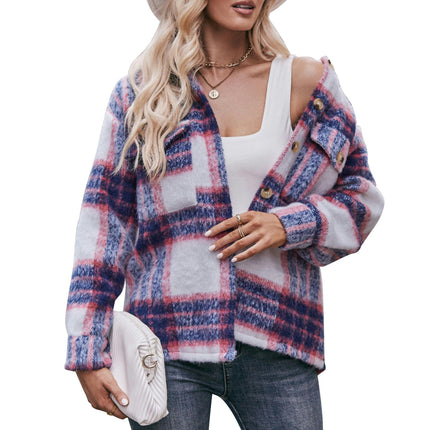 Women's Fashion Cropped Wool Blend Plaid Shacket Long Sleeve Button Down Jackets Coat