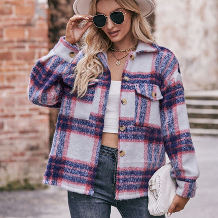 Women's Fashion Cropped Wool Blend Plaid Shacket Long Sleeve Button Down Jackets Coat