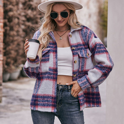 Women's Fashion Cropped Wool Blend Plaid Shacket Long Sleeve Button Down Jackets Coat