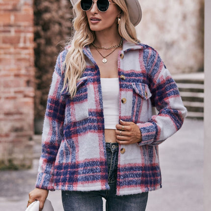 Women's Fashion Cropped Wool Blend Plaid Shacket Long Sleeve Button Down Jackets Coat