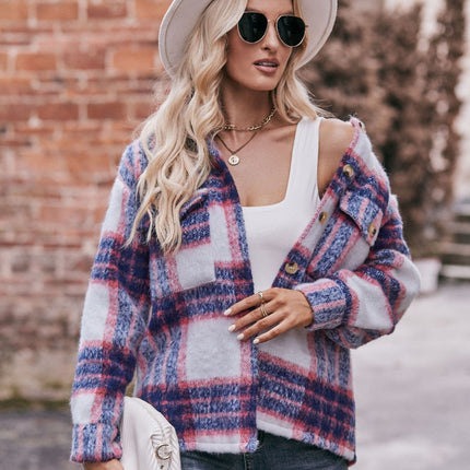 Women's Fashion Cropped Wool Blend Plaid Shacket Long Sleeve Button Down Jackets Coat