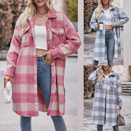 Women's Casual Long Plaid Shirt Jacket Button Down Pocketed Shirt Shacket