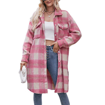 Women's Casual Long Plaid Shirt Jacket Button Down Pocketed Shirt Shacket