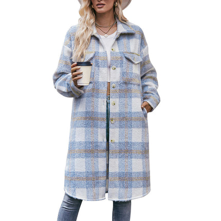 Women's Casual Long Plaid Shirt Jacket Button Down Pocketed Shirt Shacket