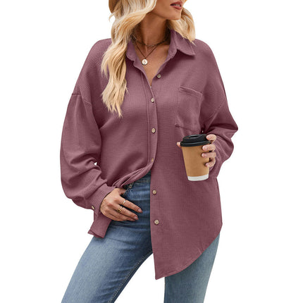 Women's Waffle Knit Long Sleeve Shirts Jacket Button Tops with Pocket