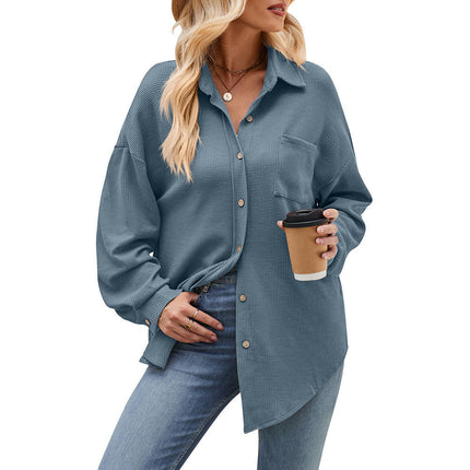 Women's Waffle Knit Long Sleeve Shirts Jacket Button Tops with Pocket