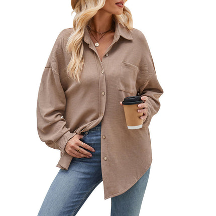 Women's Waffle Knit Long Sleeve Shirts Jacket Button Tops with Pocket