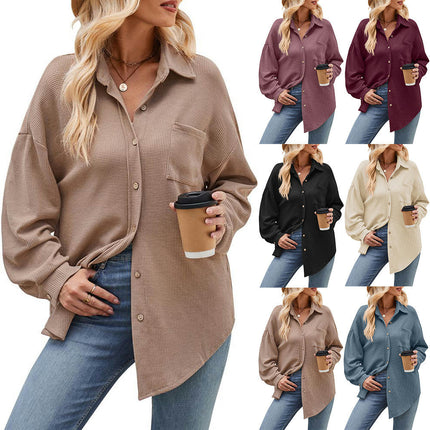 Women's Waffle Knit Long Sleeve Shirts Jacket Button Tops with Pocket