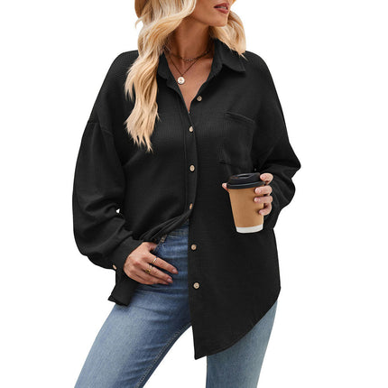 Women's Waffle Knit Long Sleeve Shirts Jacket Button Tops with Pocket