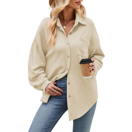 Women's Waffle Knit Long Sleeve Shirts Jacket Button Tops with Pocket