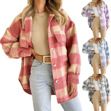 Women's Casual Plaid Shirt for Women Cozy Long Sleeve Button Jacket Coat