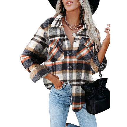 Women's Flannel Plaid Shacket Long Sleeve Button Down Shirts Jacket Coats