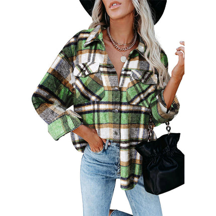 Women's Flannel Plaid Shacket Long Sleeve Button Down Shirts Jacket Coats