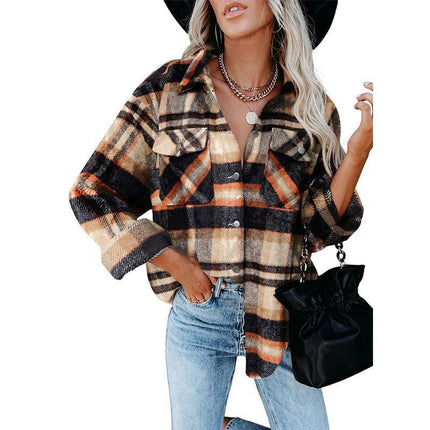 Women's Flannel Plaid Shacket Long Sleeve Button Down Shirts Jacket Coats