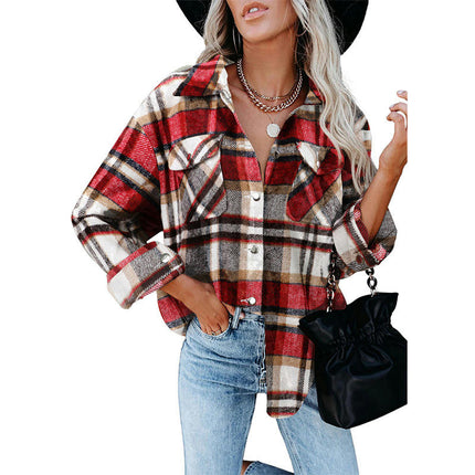 Women's Flannel Plaid Shacket Long Sleeve Button Down Shirts Jacket Coats