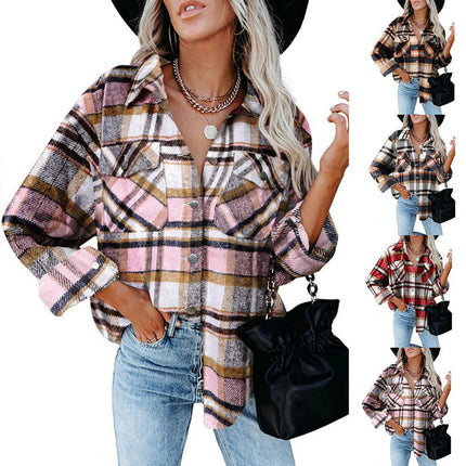 Women's Flannel Plaid Shacket Long Sleeve Button Down Shirts Jacket Coats