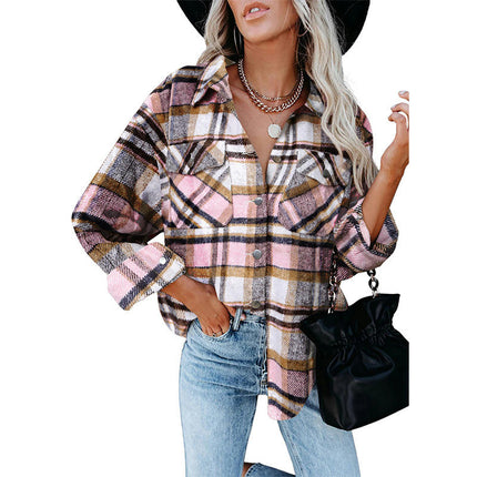 Women's Flannel Plaid Shacket Long Sleeve Button Down Shirts Jacket Coats