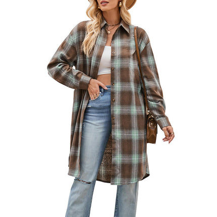 Women's Lounge Lapel Button Up Long Sleeve Plaid Long Shirt Jacket Shacket